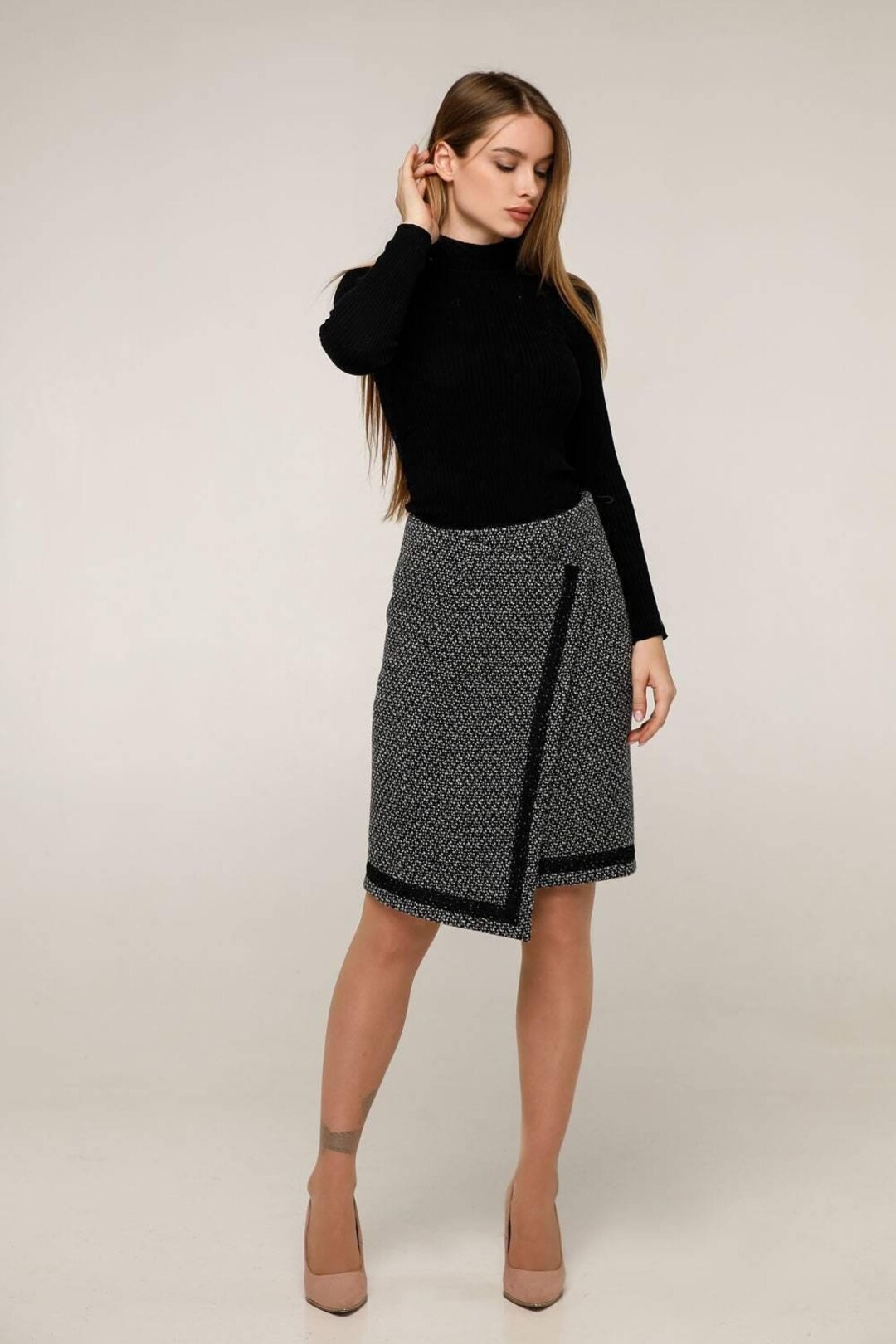 Asymmetric Wool Wrap Skirt - A-line Midi for Autumn and Winter