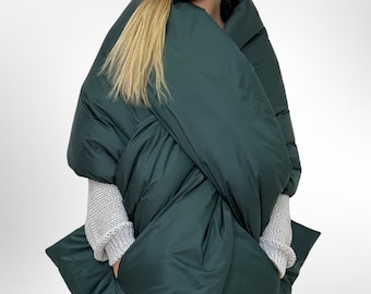 Green Puffer Large Scarf 20x85in with 2 pockets Blanket Shawl Cape Around Shoulders Wrap Warm Winter Gift Womens Clothing