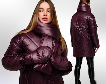 Dunkel Lila Steppjacke Damen Winter Set 3-Teilig Daunen Jacke Schal Handschuhe Puffy Mantel Пуховик ПВ-1291 Лаке Тон 51