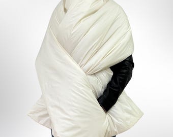 Ivory Puffer Blanket Scarf: Warm Winter Wrap with Pockets