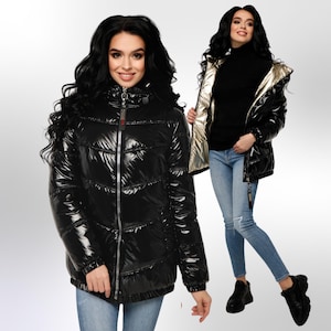 Black Puffer Jacket Women Black Gold Puffy Hooded Coat Waterproof and Windproof Куртка В-1237 Лак Тон 16 + Тон 3