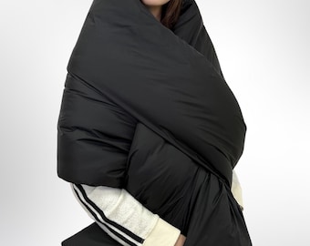Large Winter Black Puffer Wrap Scarf with Pockets