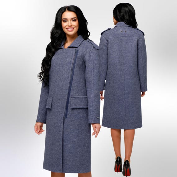 Blue Wool Asymmetric Zip-up Coat: Women's Urban Bomber Jacket - Etsy