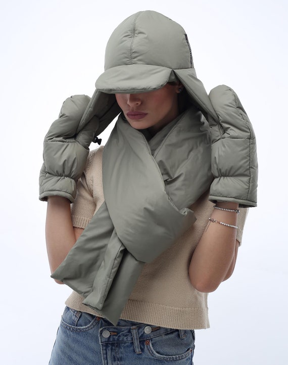 Olive Green Women's 3-piece Puffer Set Scarf 6x90in Mittens Hat - Etsy