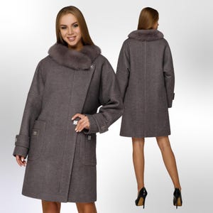 Taupe Wool Coat Kimono Women Fur Fox Collar Пальто П-1219 н/м Шерсть пальтовая W7-18145 Тон 24