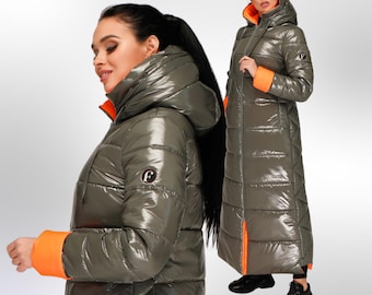 Army Orange Long Puffer Coat With Hood Women Waterproof and Windproof Winter Jacket Пуховик ПВ-1202 Лак Тон 25 + Тон 97