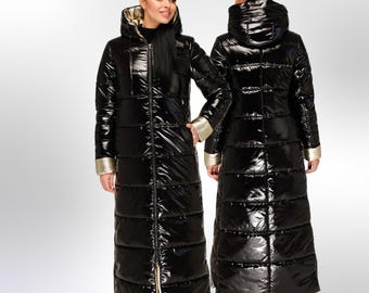 Black Long Hooded Coat Waterproof and Windproof Maxi Puffy Jacket Пуховик ПВ-1202 Лак Тон 16 + Тон 3