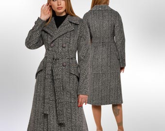 Wool Coat With Belt Coat Patterned Textured Midi Lined Outerwear Пальто В-983 Dracena/50 Тон 13