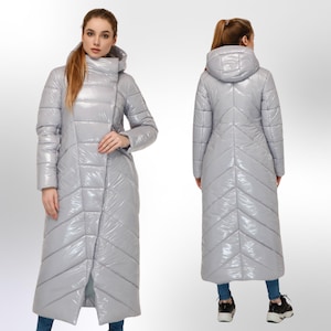 Grey Long Puffer Coat Winter Warm Women&#39;s Clothing Пуховик ПВ-1133 Лак Тон 5