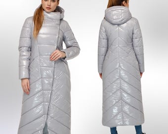 Grey Long Puffer Coat Winter Warm Women's Clothing Пуховик ПВ-1133 Лак Тон 5