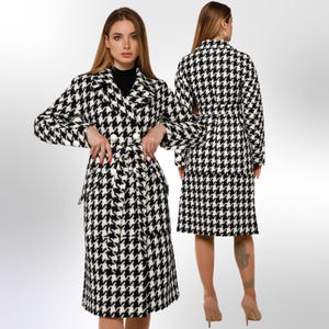 Houndstooth Wool Coat With Belt Patterned Textured Midi Lined Black And White Overcoat Пальто В-983  Aрт.742-27  Тон 1