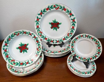 Retired Gibson Christmas Greetings Holiday Dishes | Dinner Plates, Soup Bowls, Dessert Saucers | Holly Berries & Ribbon | Vintage Christmas