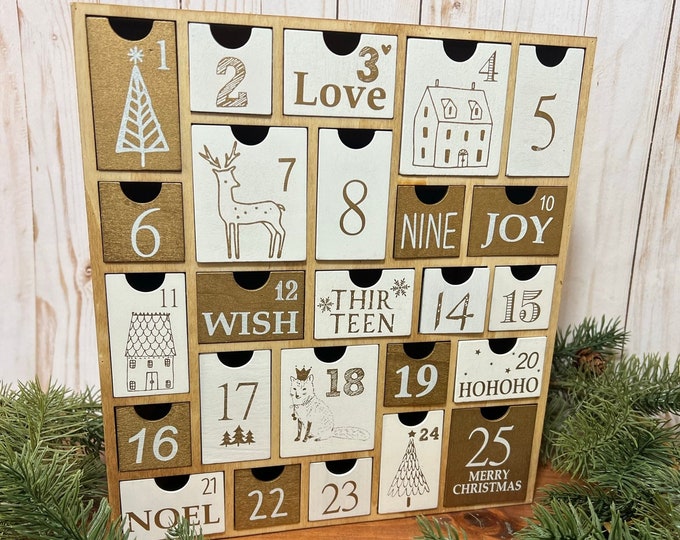Christmas Advent Calendar With Drawers Holiday Countdown White and Gold