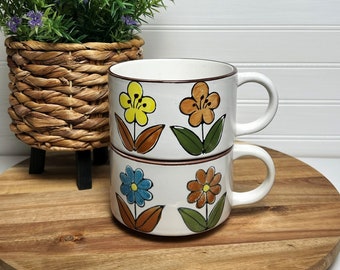 Vintage 1970's Floral Stacking Soup Mugs | Oversize Coffee Cups | Retro Kitchen | Boho Cottage | Mid Century | Coastal Farmhouse
