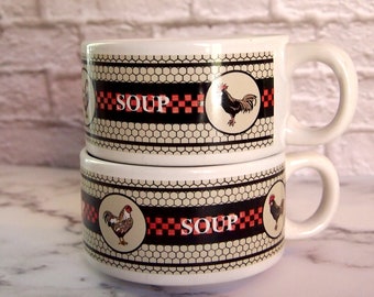 Two Vintage Chicken Motif Stackable Soup Mugs | Houston Harvest Rooster & Hen Bowls | Black and White Checkerboard Coop | Farmhouse