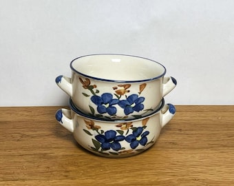 Pair of Vintage Blue Floral Stoneware Soup Crocks | Bowls with Handles | Retro Boho Kitchen | Rustic Farmhouse | Coastal Cottage