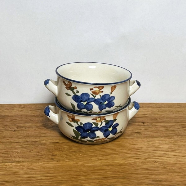 Pair of Vintage Blue Floral Stoneware Soup Crocks | Bowls with Handles | Retro Boho Kitchen | Rustic Farmhouse | Coastal Cottage