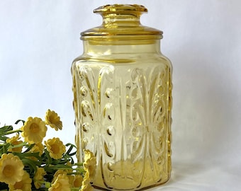 Vintage LE Smith Amber Glass Canister | Atterbury Scroll Apothecary Jar