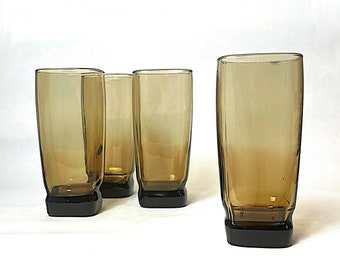 Vintage Libbey Carrington Smoke Brown Square Highball Tumblers | Set of 4 | 1970's MCM Craft Cocktail Glasses | Retro Barware