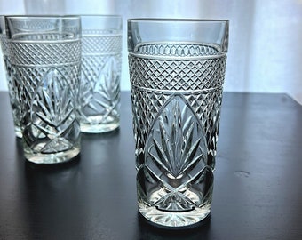 Set von vier Vintage Arcoroc Luminarc Cristal D'Arques Highball Trinkgläsern | Palmenblatt & Rautenmuster | 1970er MCM Craft Cocktail Gläser