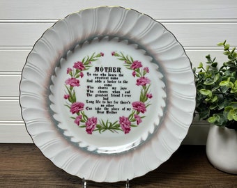 Vintage Mother Blessing Poem Collectible Plate | Gift for Mom | Pink Carnation Flowers Floral Porcelain Display Plate | Mother's Day
