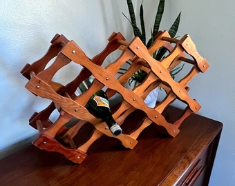 Vintage 1970's Accordion Folding Wood Wine Rack | MCM Collapsible Wooden Storage Rack | 10 Bottle Wine Rack | Eclectic | Farmhouse