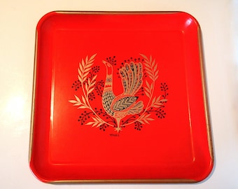 MCM Maxey Red Square Metal Peacock Tray | Eclectic | Retro Tole Folk Art