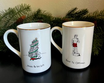 Pair of Vintage Merry Masterpieces First Edition Funny Christmas Mugs | Humorous Holiday Coffee Cups | More To The Left | Black Tie Optional