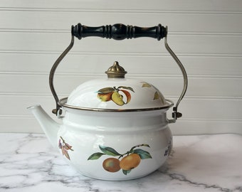 Vintage Enameled Metal Tea Kettle Le Fruit by Tabletops Unlimited | Taiwan | Enamelware Pot | Tea Lovers | Retro Kitchen | Cottage Style