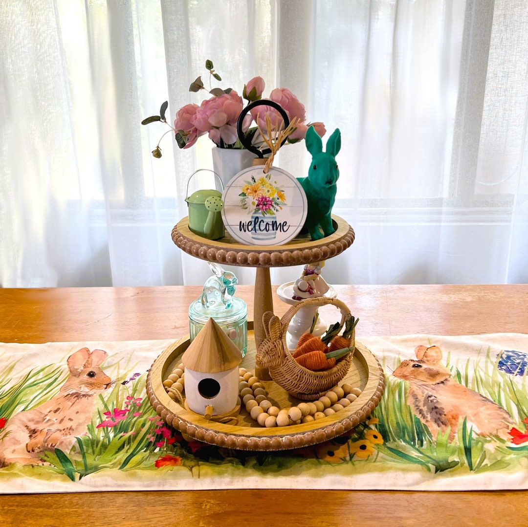 Two Tier Wood Tray Vintage Style Rustic Beaded Farmhouse Tiered Display