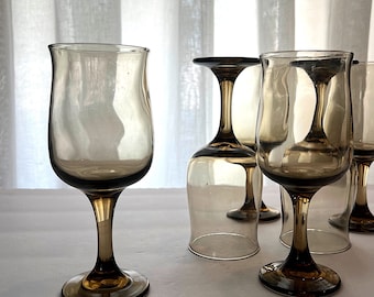 Set of Six Vintage Libbey Tawny Brown Tulip Wine Glasses | Amber Bronze Glass Stemware | MCM Bar Cart | Retro Barware | Holiday Entertaining