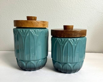 Pier One Turquoise Blue Lidded Ceramic Canisters | Cookie Jar | Vintage Kitchen Storage Jars | Art Deco | Farmhouse | Coastal Cottage