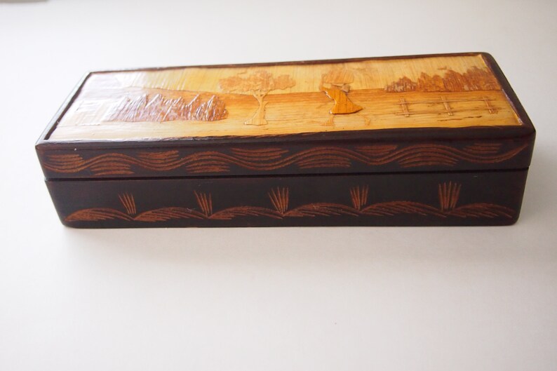 Wood and Bamboo Inlay Marquetry Box, Jewelry or Trinket Box, Dresser Organizer MCM Boho Eclectic Jungalow Tropical Africa Caribbean image 5