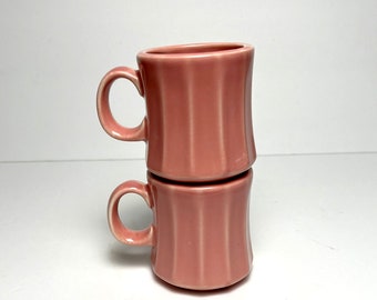 Pair of Vintage Homer Laughlin Rose Pink Fluted Ribbed Tower Mugs | HLC Restaurant Ware Cups | Mid Century Kitchen Style