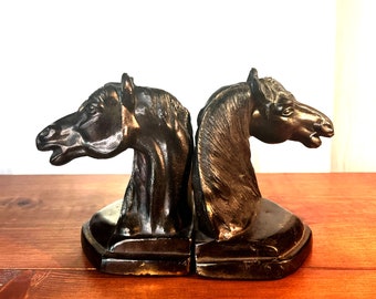 Mid Century Brass Horse Head Bookends | Library Decor | Equestrian | Equine Collectible | Western Ranch | Cowboy | Dad Gift