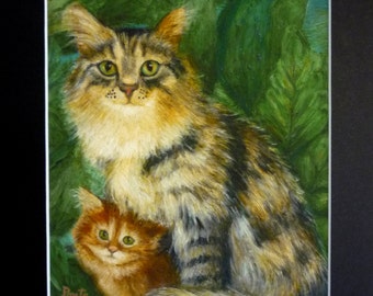 Print - Mother Cat and Kitten - 8"x10" - Archival Paper in Black Mat -SALE