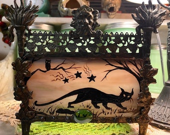 Ornate Victorian Style Candleholder Adorned w Torches and Green Man - Painted Stained Glass Black Cat, Trees and Baby Owl
