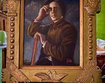 Oil Painting of Khalīl Gibran in Ornate Antique Gilded Frame