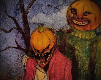 Halloween - The Pumpkin Head Boys - Oil Painting in Vintage Frame