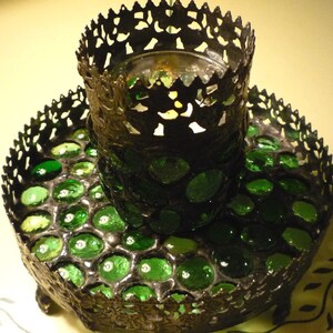 Ornate Gothic Green Stained Glass Mosaic Smudge Pot / Storage and Luminaire Candle Holder image 3