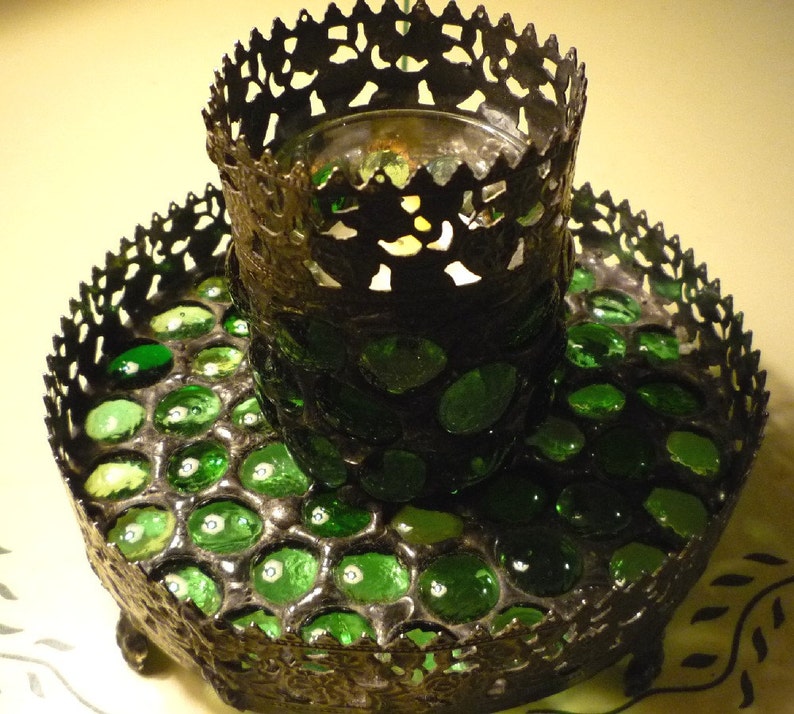 Ornate Gothic Green Stained Glass Mosaic Smudge Pot / Storage and Luminaire Candle Holder image 3