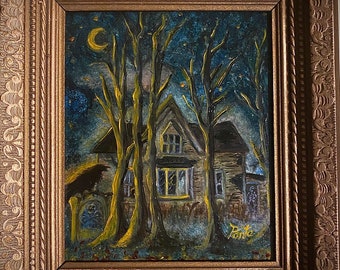 The Raven’s Haunted House - Small Oil Painting - Halloween