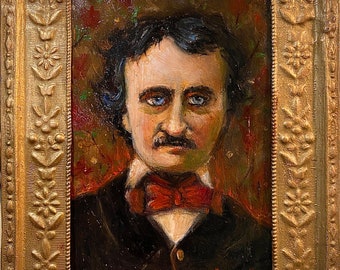 Edgar Allan Poe Portrait    Small Oil Painting in Antique Frame