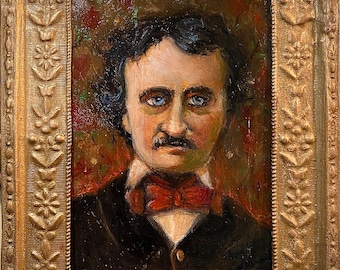 Edgar Allan Poe Portrait    Small Oil Painting in Antique Frame