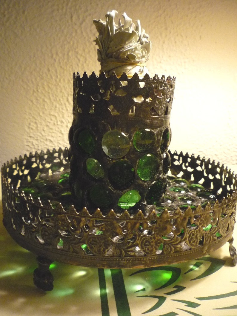 Ornate Gothic Green Stained Glass Mosaic Smudge Pot / Storage and Luminaire Candle Holder image 1