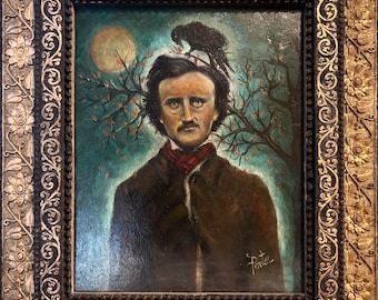 Mr. Poe and The Raven - Oil Painting in an Antique Frame