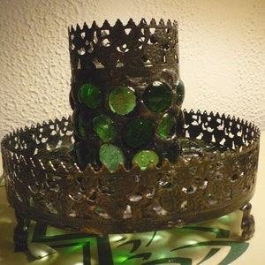 Ornate Gothic Green Stained Glass Mosaic Smudge Pot / Storage and Luminaire Candle Holder image 2