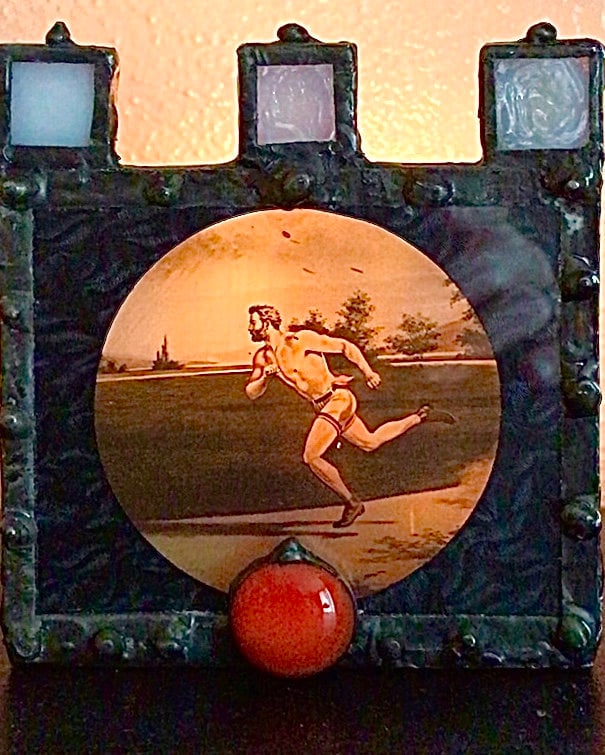 Victorian Antique Image Stained Glass Candle Holder Running Man