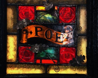 Edgar Allan Poe w Raven - Hand Painted & Kiln Fired Gothic Stained Glass Window in Antique Wooden Shutter- OOAK