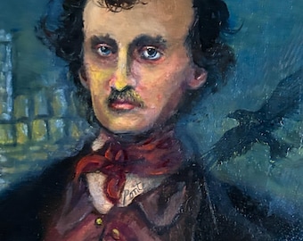 Gothic Poe Oil Painting in Antique Frame